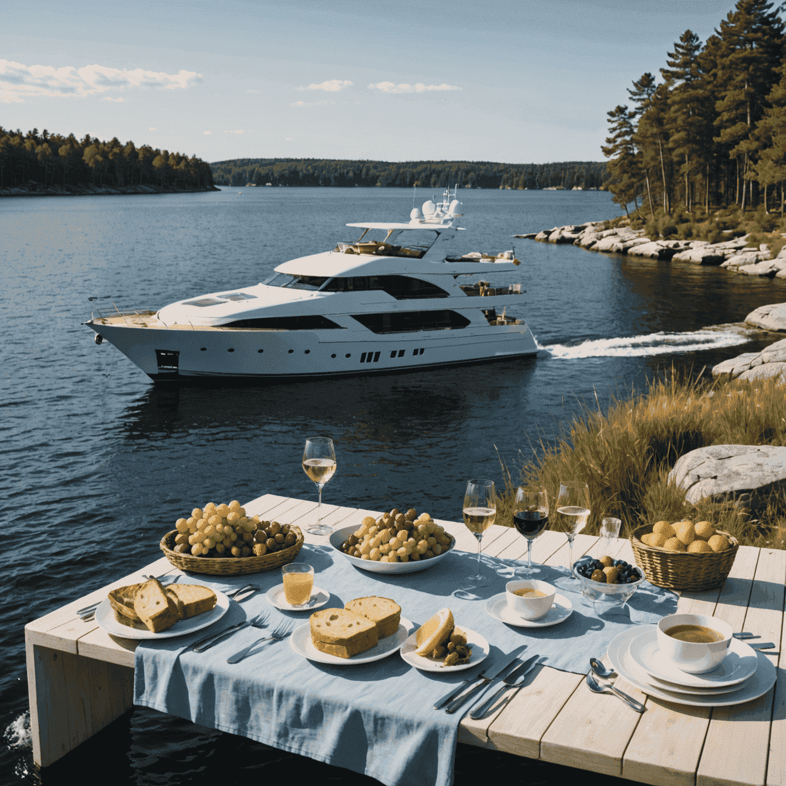 En lyxig privat yacht ankrad vid en avskild ö i Stockholms skärgård, med en elegant picknick uppställd på stranden
