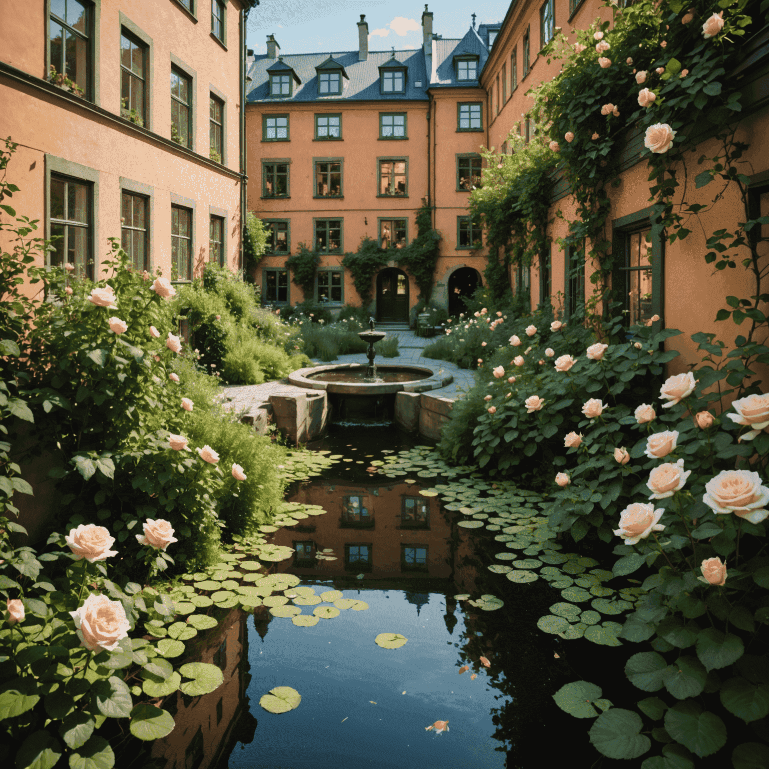 En hemlig, frodig trädgård gömd mellan byggnader i centrala Stockholm, med blommande rosor och en liten damm
